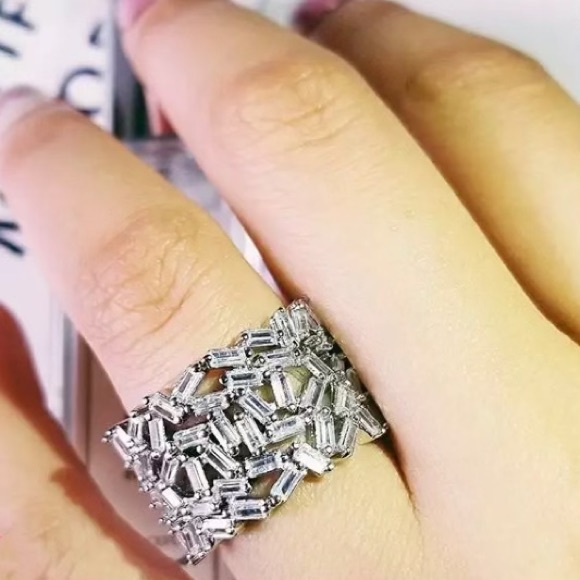 18k WG/S925 Sterling Silver Baguette Diamond Cluster Band - Picture 7 of 8